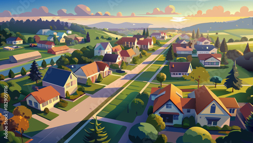 Very beautiful aerial view of a peaceful residential neighborhood in Boiling Springs showcases organized streets, rooftops, and green yards, forming a clean suburban layout under warm natural light.