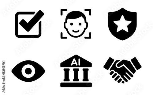 Black and white technology icons: facial recognition, ai, security, and more