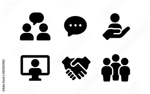 Communication and teamwork icons in solid style for business and networking