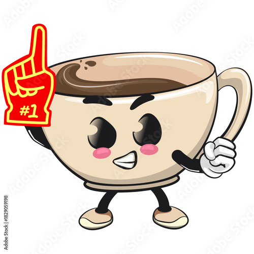 cute coffee cup mascot raise foam finger, cartoon coffee mug vector illustration, work of hand drawn