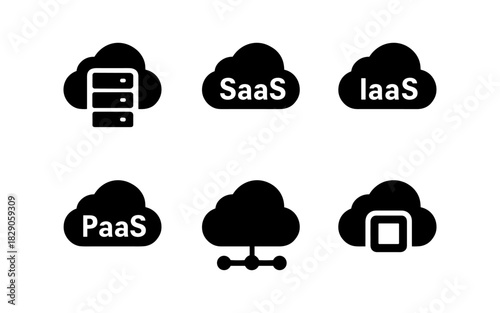 Cloud computing models overview: saas, iaas, paas icons in modern silhouette design