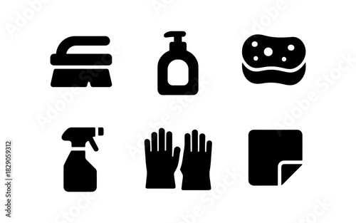 Cleaning tools icons: minimalist set featuring spray bottle, sponge, gloves, and more