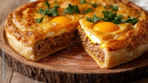 A rustic, golden-brown pastry pie, filled with savory meat and topped with runny eggs, sits on a wooden platter.  A slice has been removed, showcasing the filling.  Fresh parsley garnish