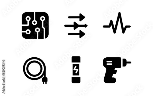 Set of black technology and tool icons in minimalist style