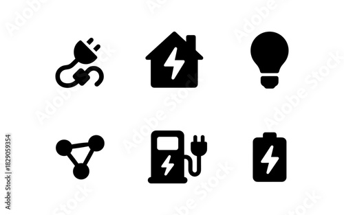 Energy icons set: power, house, bulb, connection, gas station, battery
