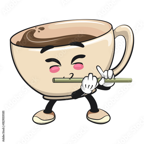 cute coffee cup mascot playing the flute, cartoon coffee mug vector illustration, work of hand drawn
