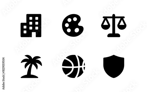 Minimalist icon set featuring building, palette, scales, palm tree, basketball, and shield