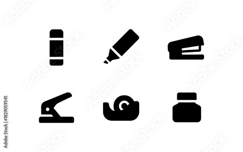 Black silhouette office supplies icons: marker, stapler, tape dispenser, and more