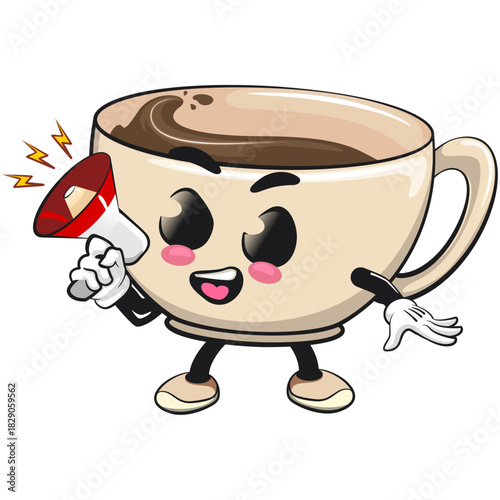 cute coffee cup mascot shouting with a loudspeaker, cartoon coffee mug vector illustration, work of hand drawn