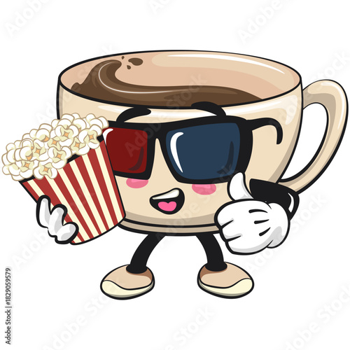 cute coffee cup mascot with a bucket of popcorn with wearing 3d glasses, cartoon coffee mug vector illustration, work of hand drawn