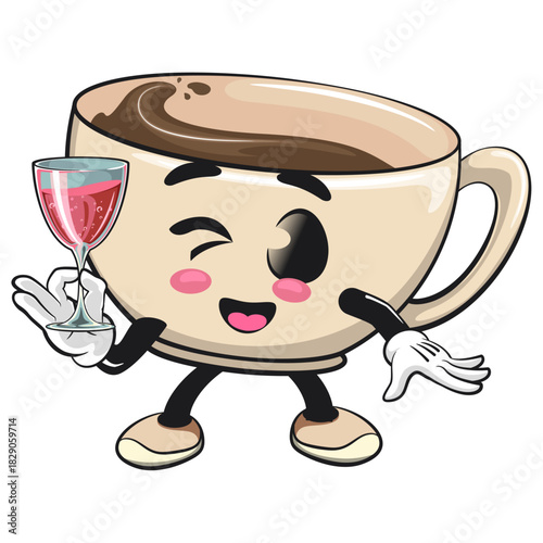 cute coffee cup mascot raising a wine glass, cartoon coffee mug vector illustration, work of hand drawn