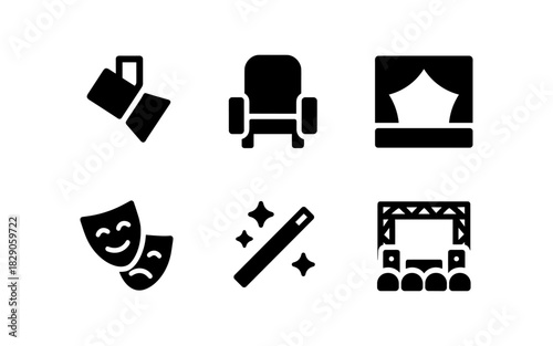 Icons of theater and cinema: ticket, chair, stage, comedy, magic, audience