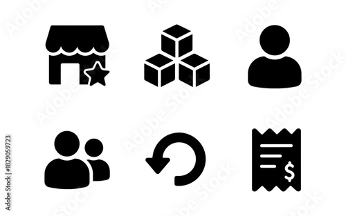 Minimalist black business icons set: store, profile, download, receipt, user group, cubes