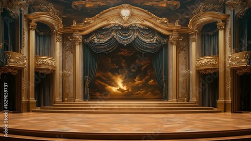 Opulent Golden Baroque Theater Stage With Dramatic Sky Backdrop and Ornate Drapes Lit by Warm Spotlight