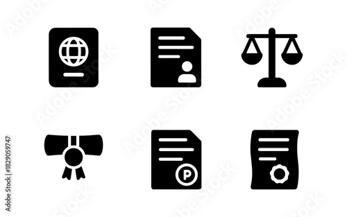 Essential legal and document icons: passport, contract, justice, certificate, copyright