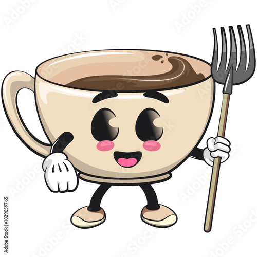 cute coffee cup mascot as farmer in hat with her fork, cartoon coffee mug vector illustration, work of hand drawn