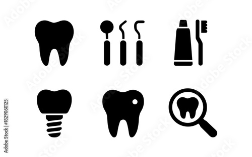 Dental care icons: tooth, implant, tools, toothpaste, and magnifying glass silhouettes