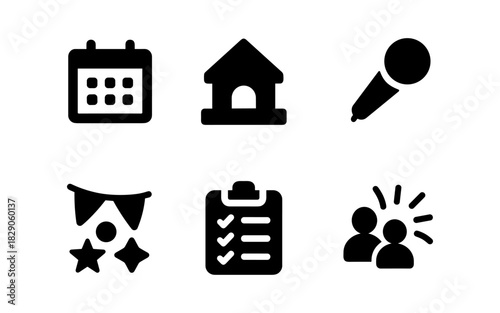 Minimalist event planning icons: calendar, venue, microphone, decorations, checklist, social interaction