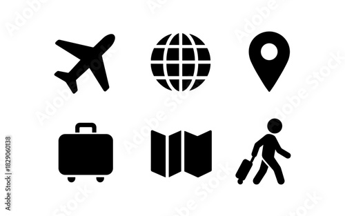 Travel and navigation icons: airplane, globe, pin, suitcase, map, traveler