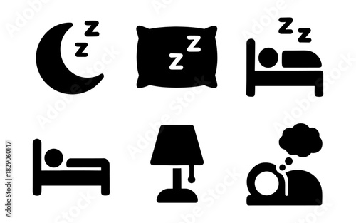 Sleep icon set featuring bed, pillow, moon, and lamp in simple black silhouette style