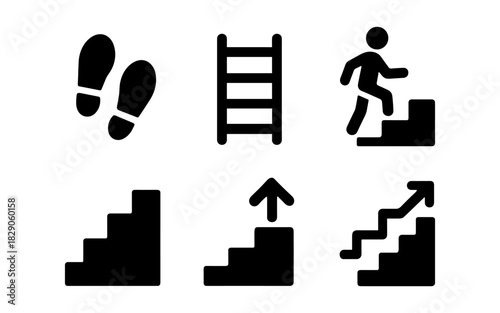Silhouette pictograms of stairs and steps with person climbing icons