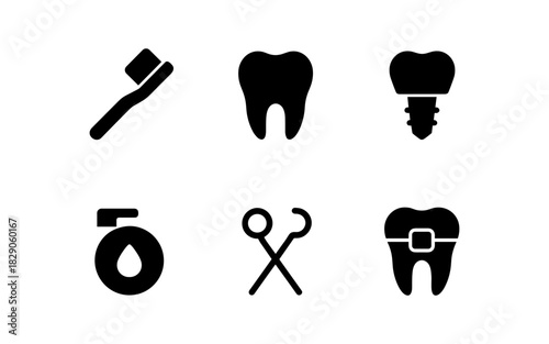 Dental care icons: toothbrush, tooth implant, floss, orthodontics, black silhouette