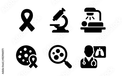 Medical symbols: cancer awareness, microscopy, detection, diagnostic icons set