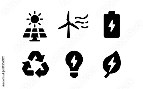 Renewable energy icons: solar, wind, battery, recycle, lightbulb, leaf