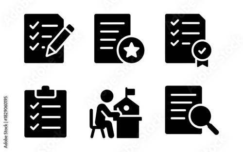 Set of educational and assessment icons in simple black silhouette style