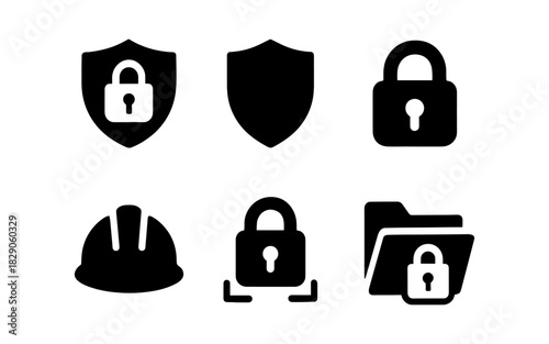 Silhouette security icons: shield, lock, folder, and helmet symbols