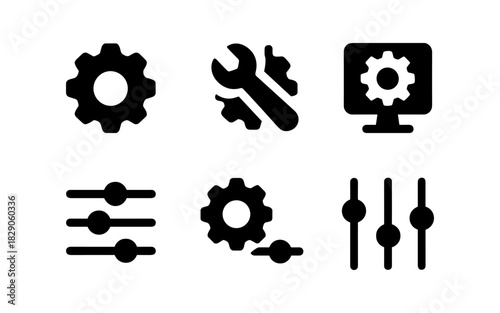 Black silhouette icons of settings and configuration tools