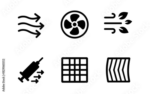 Airflow and ventilation icons: black set of minimalist symbols for cooling and filter systems