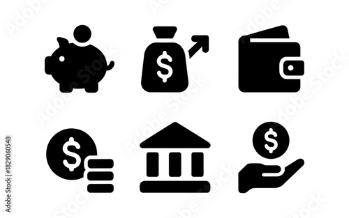 Financial growth icons: piggy bank, money bag, wallet, coins, bank, hand with dollar symbol