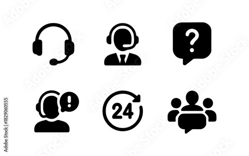 Customer service icon set: headset, support, 24 hour assistance, communication symbols