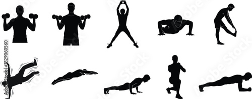 Silhouette collection of people exercising and working out in various poses