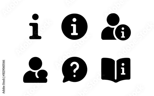 Information and help icons set: user, question, book, and info symbols in black silhouette