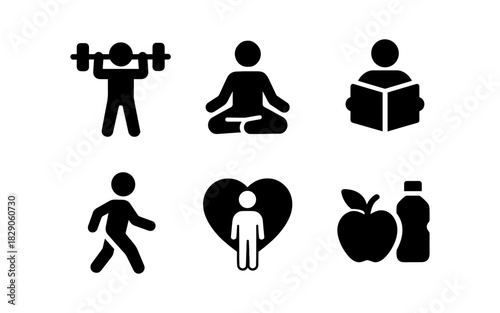 Lifestyle icon set: fitness, meditation, reading, wellness, healthy living