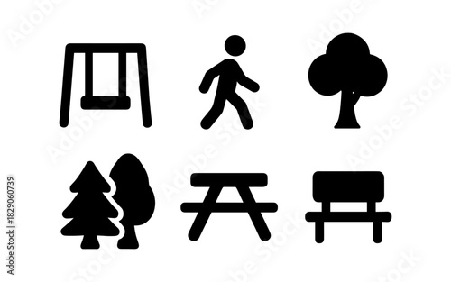 Minimalist park icons: walking, nature, trees, picnic, bench, swing for outdoor recreation