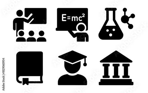 Educational icons: classroom, science, book, graduate, institution in silhouette style