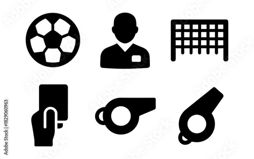 Simple black sports icons: soccer ball, referee, goal, red card, whistle