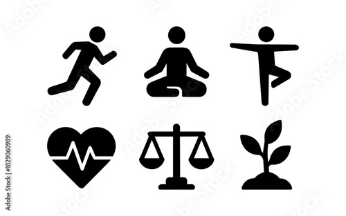 Silhouette icons of fitness, meditation, yoga, health, balance, and growth