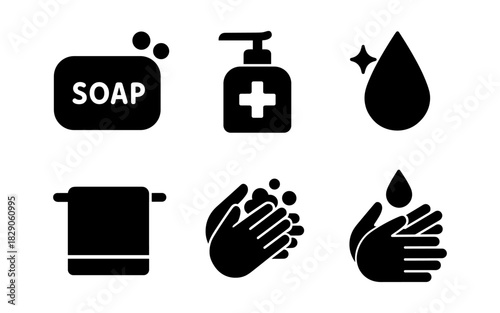 Silhouette hygiene icons: soap, handwashing, and sanitizer essentials