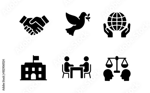 Black silhouette icons of unity, peace, global responsibility, education, discussion, and justice