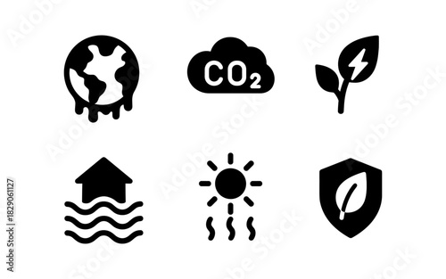 Climate change icons depicting global warming, carbon emissions, and renewable energy
