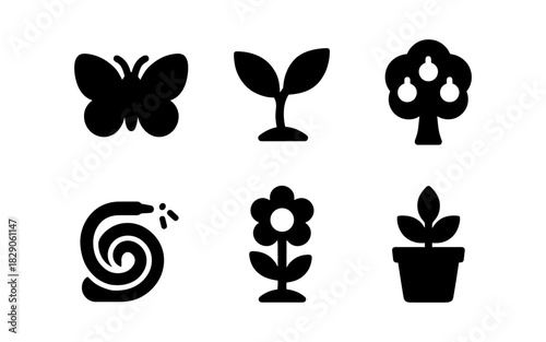 Nature silhouette icons: butterfly, plant, tree, flower, gardening elements
