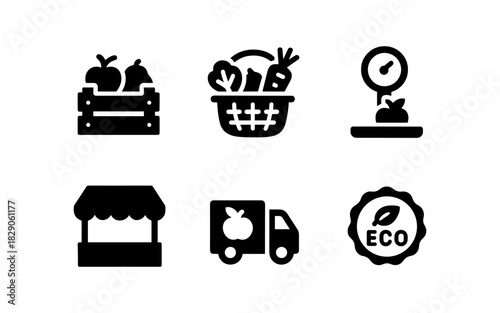 Minimalist icons of farming and fresh produce: basket, scale, eco badge