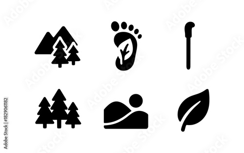 Nature and adventure icons: eco-friendly, hiking, and outdoor elements in black silhouette