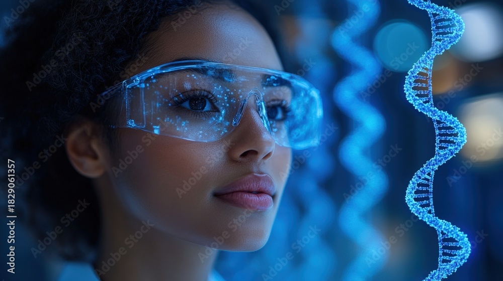 Obraz premium A woman wearing blue glasses intently examines a detailed DNA helix model. This image represents science, genetics, research, and innovation.