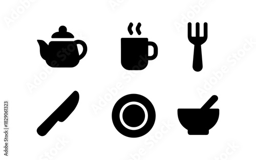 Minimalist kitchen utensil icons set in silhouette style