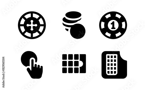 Casino icons collection: minimalist style with chips and roulette symbols